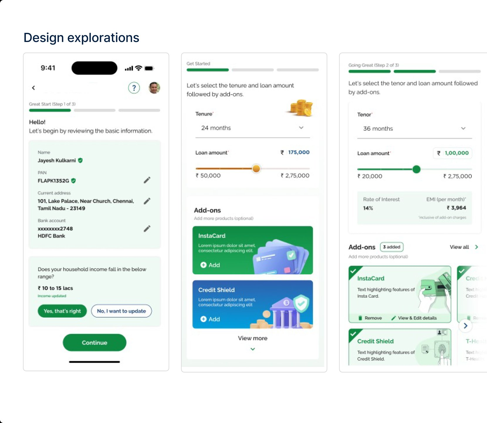 Exploring flat vs. 3D icon styles, comparing approaches for tenure, loan amount, and add-on screens