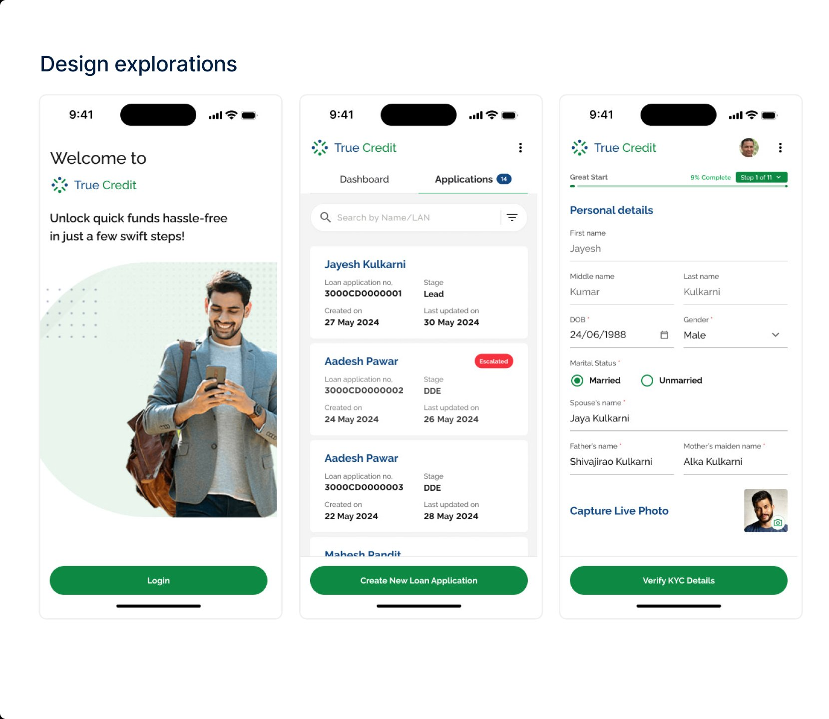 Refined screens: Welcome, Applications dashboard, and Personal details form with progress indicator