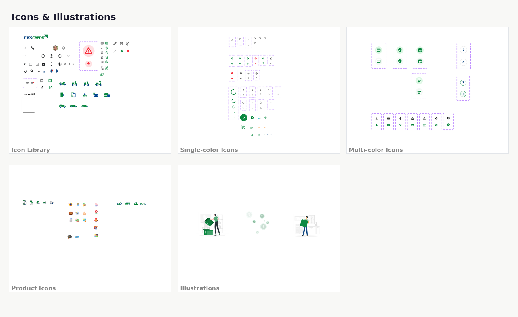 Icons & Illustrations: Functional icons, multi-color variants, and contextual graphics