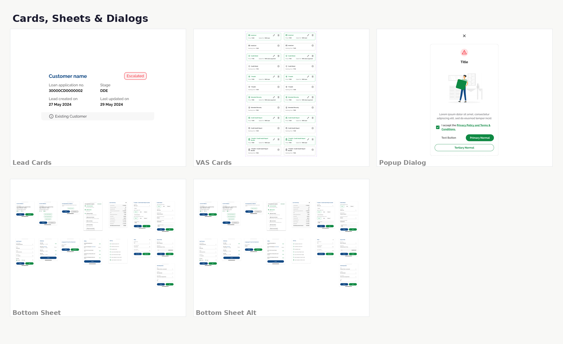Cards & Sheets: Lead cards, VAS cards, popup dialogs, and bottom sheet patterns