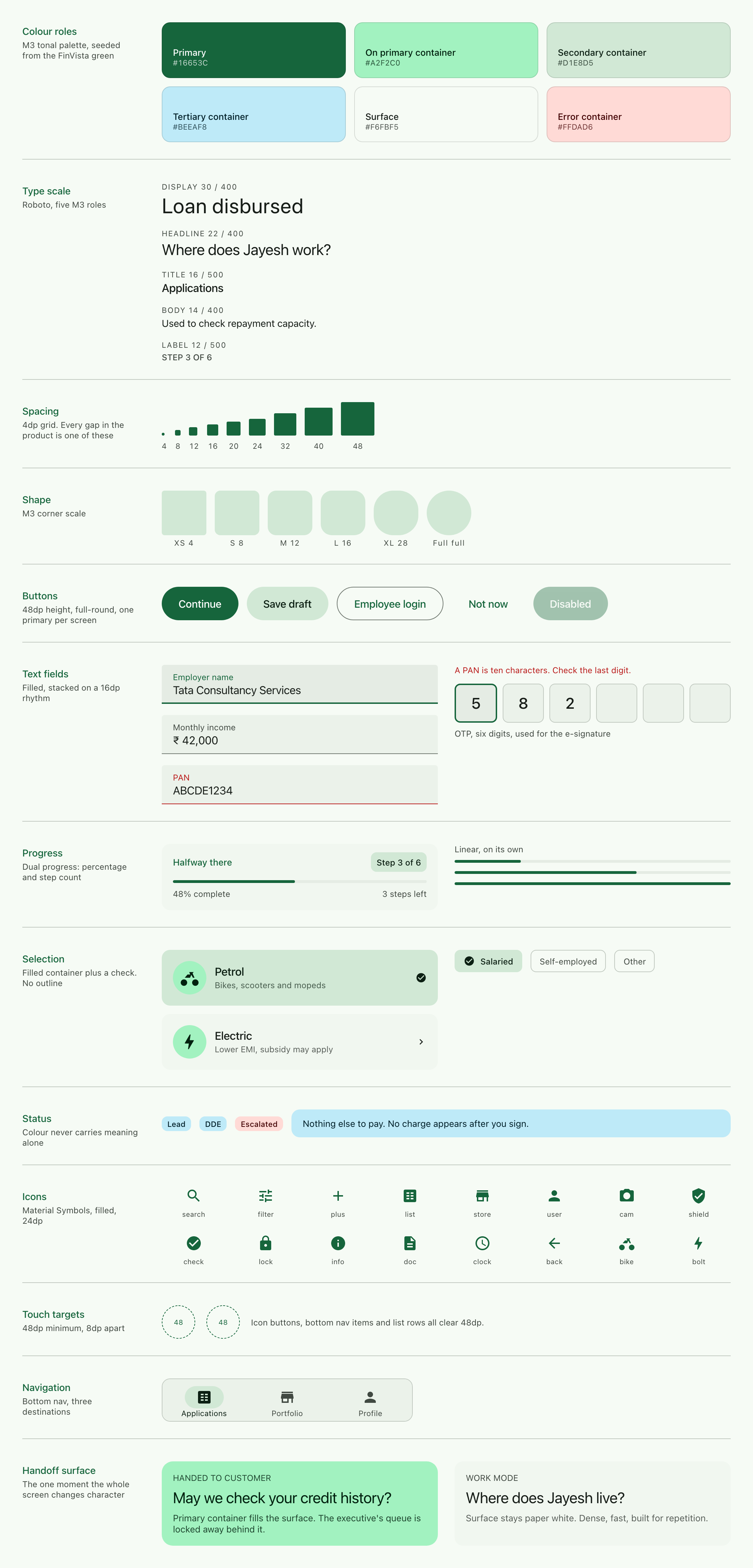 FinVista design system in the Forest palette