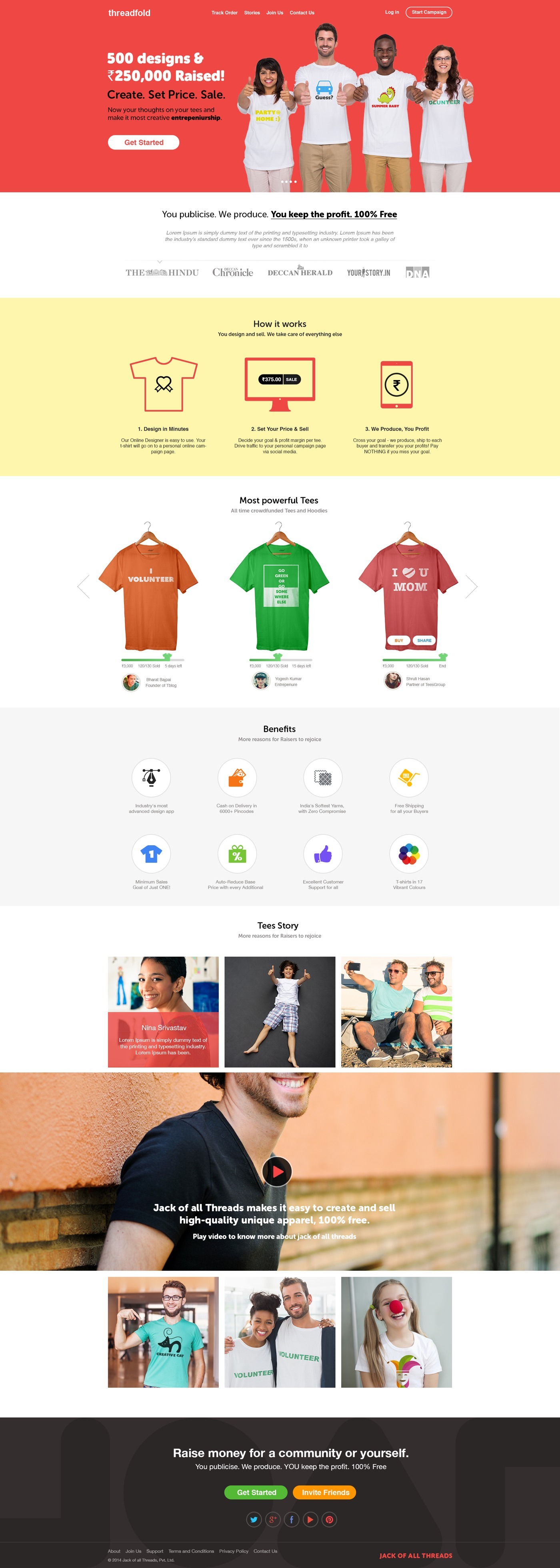 Homepage: the model explained to a first-time raiser, with live campaigns and press credibility.